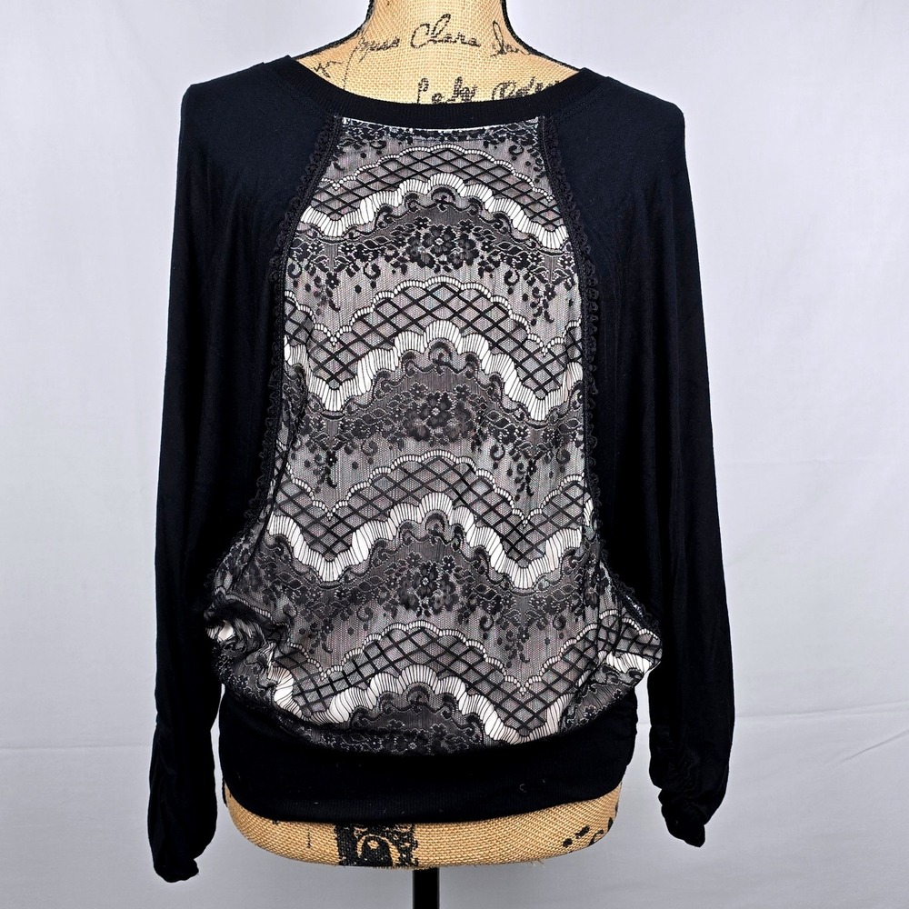 Democracy Black Lace Inset Dolman Sleeve Pockets Blouse Top Women's Medium‎